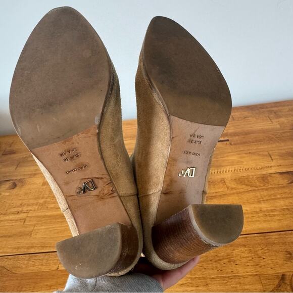 Diane Von Furstenburg DVF Camel Tan Suede Leather Perforated Heeled Boots 8 - Picture 5 of 7